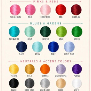 May include: A thread color chart titled Choose Your Thread Color, featuring rows of circular swatches categorized as Pinks & Reds, Blues & Greens, and Neutrals & Accent Colors, with labels for each color including Bubblegum, Maroon, and Navy.