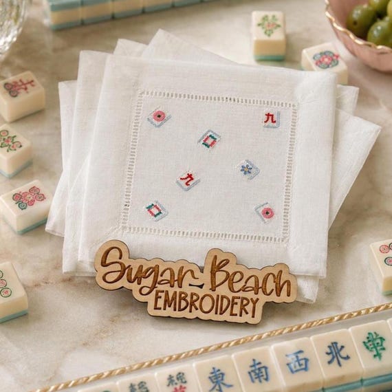 Mahjong Cocktail Napkins | Custom Embroidered Linen | Mahjong Tile Design | Mahjong Gift | Game Night Hostess Gift | Housewarming Gift