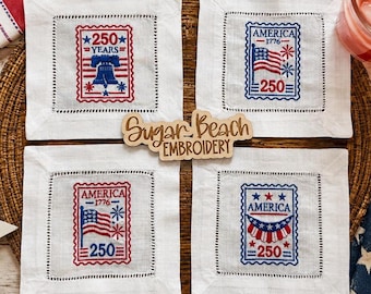 Cocktail Napkins | America 250 Stamp Designs | Custom Embroidered Hemstitch | Fourth of July | Red White Blue | Patriotic Hostess Gift