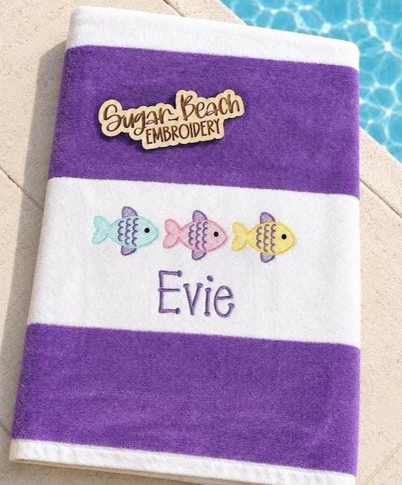 Fish Beach Towel | Custom Embroidered Cabana Stripe Towel | Personalized Name Beach Towel | Fish Lover Gift | Kids Beach Towel