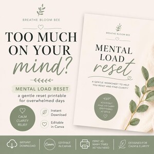 Pode incluir: Duas folhas de trabalho imprimíveis com o texto "TOO MUCH ON YOUR mind?" e "MENTAL LOAD reset". As folhas de trabalho são projetadas para calma e clareza, oferecendo um reset suave para dias sobrecarregados. Inclui "Download instantâneo" e "Editável no Canva".