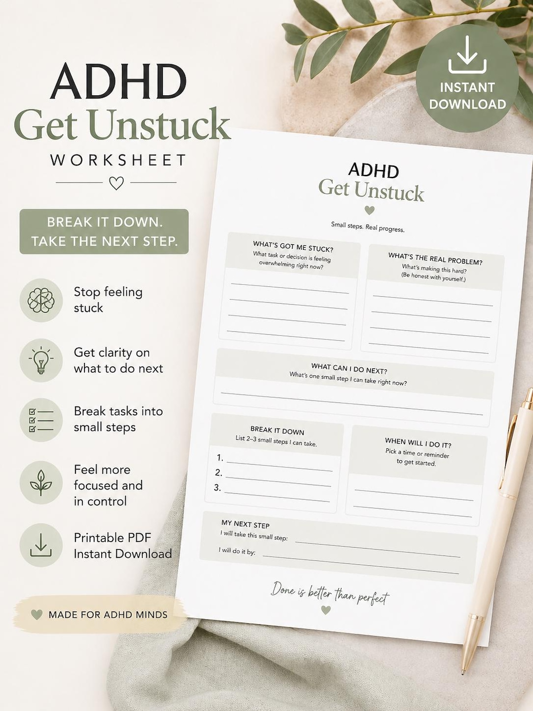 ADHD Get Unstuck Worksheet | Overwhelm Reset Tool, Brain Dump (instant ...