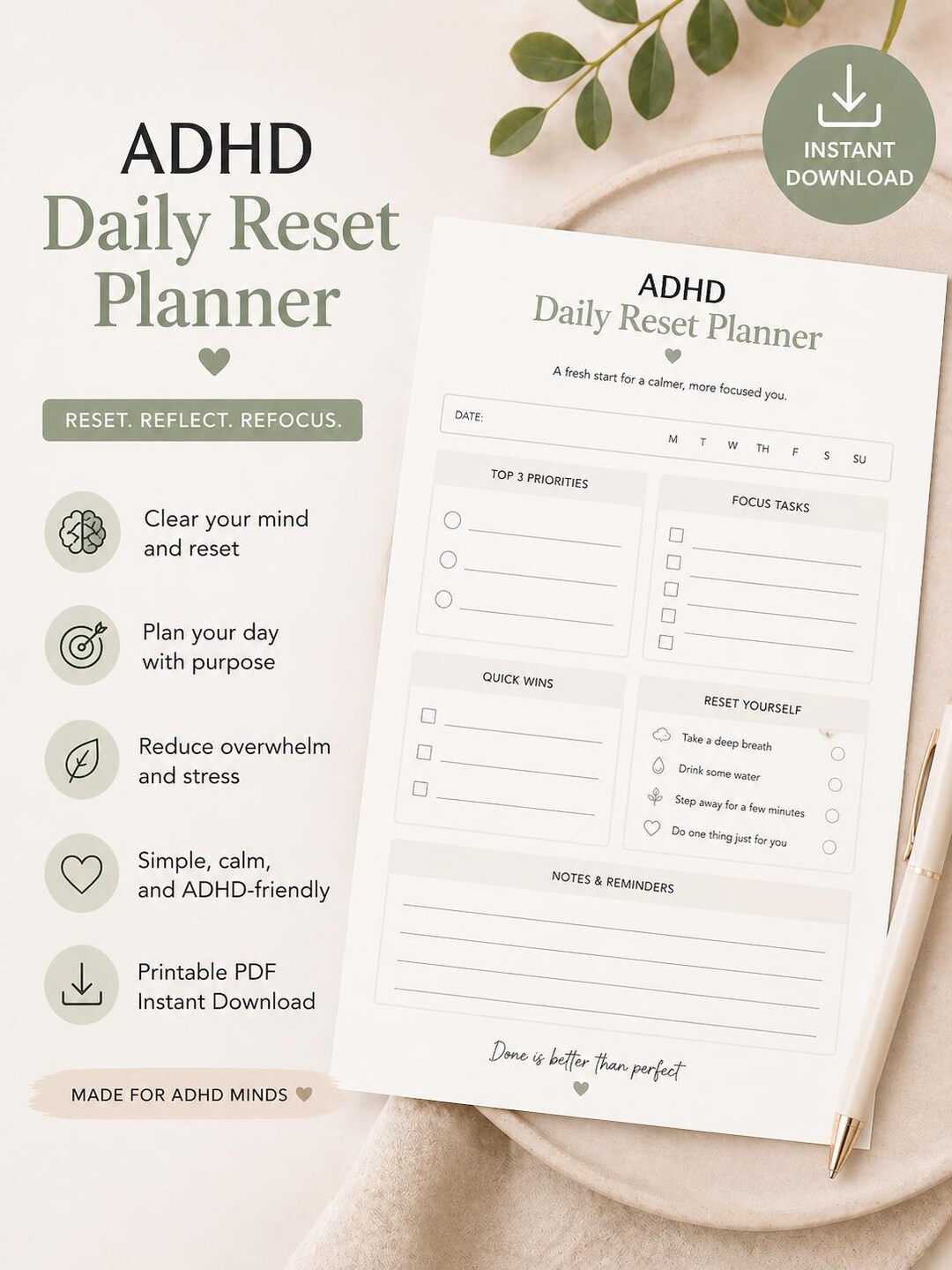 ADHD Daily Reset Planner | Brain Dump, Focus Tasks (printable Canva) - Etsy