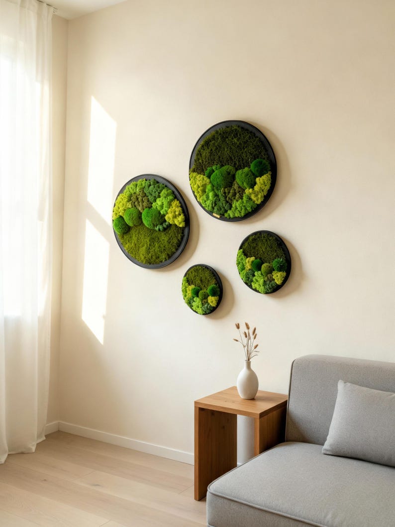 May include: Four circular wall art pieces with black frames, each filled with vibrant green moss. The moss varies in shades, creating a textured, natural look. The art is displayed on a cream-colored wall, adding a touch of nature to the interior decor.