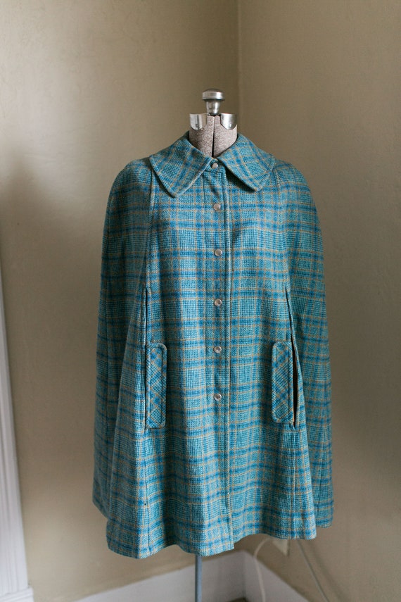 Vintage Pendleton Plaid Wool Blue Cape, Wes Ander