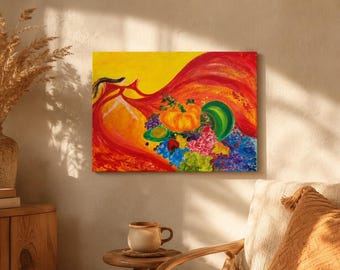 Peinture originale d'énergie féminine, oeuvre d'art mural abondance, toile acrylique nature morte, art spirituel coloré, 12 × 14 po