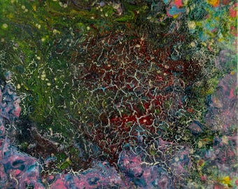 Drehbares abstraktes Ozeangemälde, strukturiertes Unterwasserbild, Original Acrylleinwand, dunkelgrünes abstraktes Wandbild, Unikat 12x12