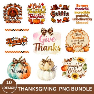 Può includere: Un pacchetto PNG del Ringraziamento con dieci design. I design includono zucche, foglie d'autunno e testo come "Give Thanks", "Thankful" e "Gobble Gobble". La tavolozza dei colori include arancione, marrone e verde acqua.