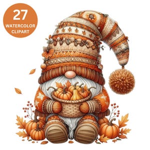 Può includere: Illustrazione ad acquerello di uno gnomo autunnale con cappello e maglione a maglia nei toni dell'arancione e del marrone. Lo gnomo tiene in mano un cesto di zucche, circondato da foglie e zucche. Include il testo "27 WATERCOLOR CLIPART".