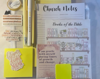May include: A collection of stationery items, including a yellow highlighter, pen, pencil, sticky notes, and stickers. The stickers feature inspirational quotes and Bible verses. There are also note pages with the text "Church Notes" and "Books of the Bible".