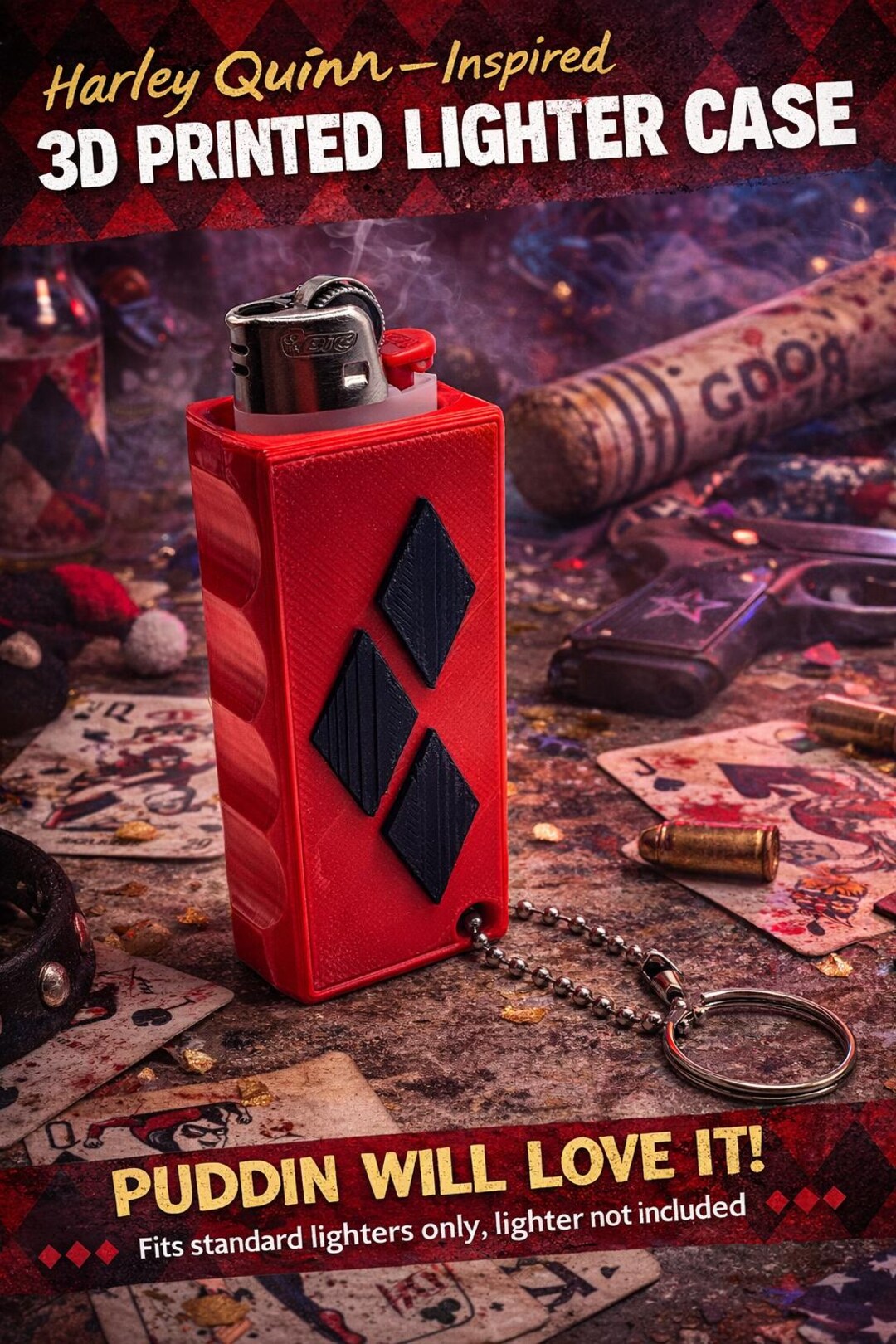 Harley Quinn Themed 3D Printed Lighter Case W/ Keychain