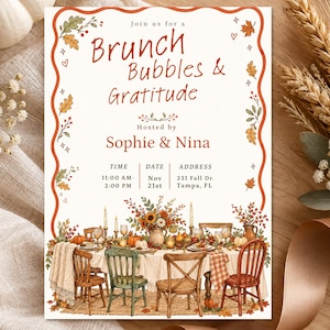 May include: A rectangular invitation card with a wavy orange border featuring autumn leaves and stars. The text reads: Join us for a Brunch Bubbles & Gratitude, Hosted by Sophie & Nina, Time 11:00 AM-2:00 PM, Date Nov 21st, Address 231 Fall Dr. Tampa, FL.