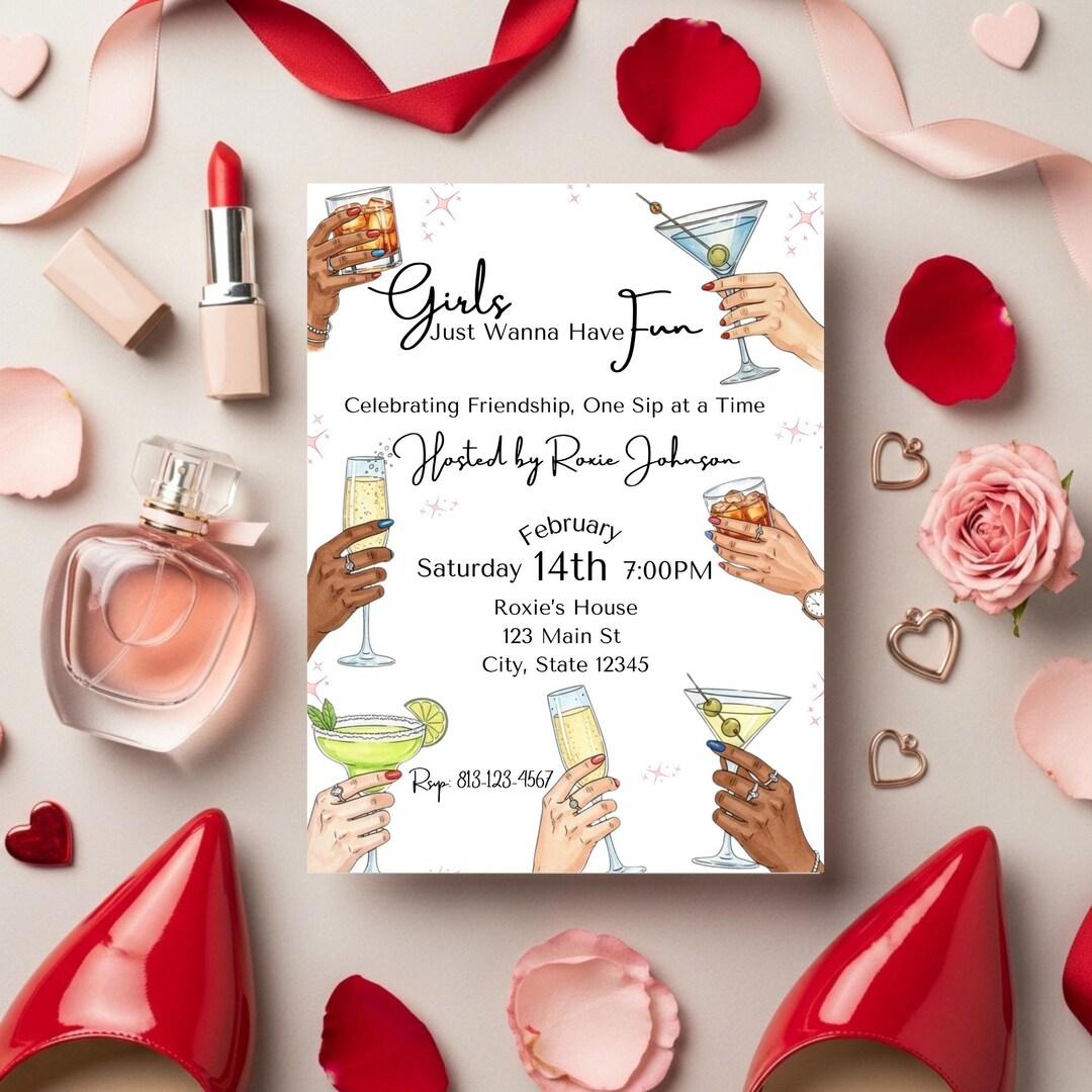 Girls Night Out Invitation, Hand-drawn Cocktails, Editable Canva ...
