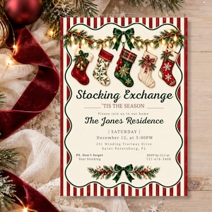 May include: A rectangular invitation card with a red and white striped border featuring five hanging Christmas stockings, pine garlands, and string lights. Text reads: Stocking Exchange, 'TIS THE SEASON, The Jones Residence, Saturday, December 12, at 3:00PM, 231 Winding Trailway Drive, Saint Petersburg, FL, PS. Don't forget Your Stocking, RSVP by 11/1 at 727-678-3408.