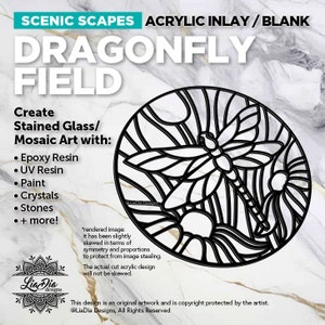 May include: Black and white line art design of a dragonfly in a field of flowers. The design is for stained glass or mosaic art and can be created with epoxy resin, UV resin, paint, crystals, stones, and more.