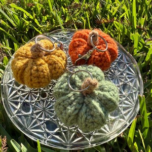 May include: Three handmade crochet pumpkin keychains in shades of orange, yellow, and green. Each pumpkin has a brown stem and a silver keychain ring. The pumpkins are displayed on a clear, decorative glass plate, set against a backdrop of green grass.