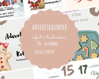 DIY Advent calendar to print, PFD "funny sayings Advent calendar, Advent calendar numbers with sayings, Christmas calendar for friends