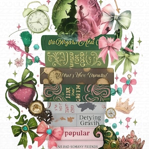 May include: A fantasy-themed illustration showing a stack of books with titles including "The Wizard and", "Defying Gravity", and "Popular". The image is adorned with bows, a clock, a witch's hat, and a crown, all in a whimsical style.