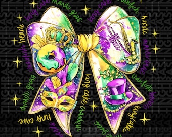 Mardi Gras Bow PNG, King Cake, Mask, Crawfish Design (Digital Download)