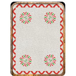 May include: Rectangular wooden serving tray with a light gray center and a red scalloped border. Four floral designs with green leaves and the text "Welcome Tea Time" are evenly spaced on the tray.