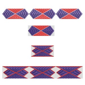 May include: A collection of embroidered geometric designs. The designs feature a combination of red and purple diamond shapes, outlined in red. The patterns are displayed in various arrangements, including individual and repeating patterns.