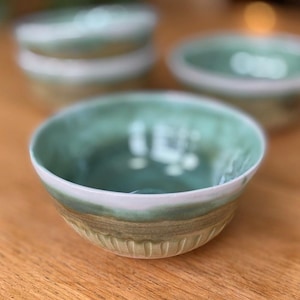 Handmade Pottery Bowl: Teal Green and White Bowls, Unique Stoneware
