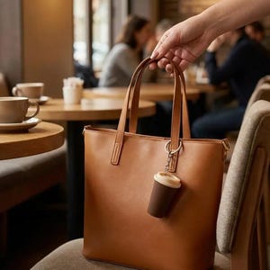 May include: A tan tote bag with two vertical handles and a small, brown and cream-colored coffee cup keychain attached to one of the handles by a silver metal ring. The bag has a smooth, solid-colored exterior and a rectangular shape.