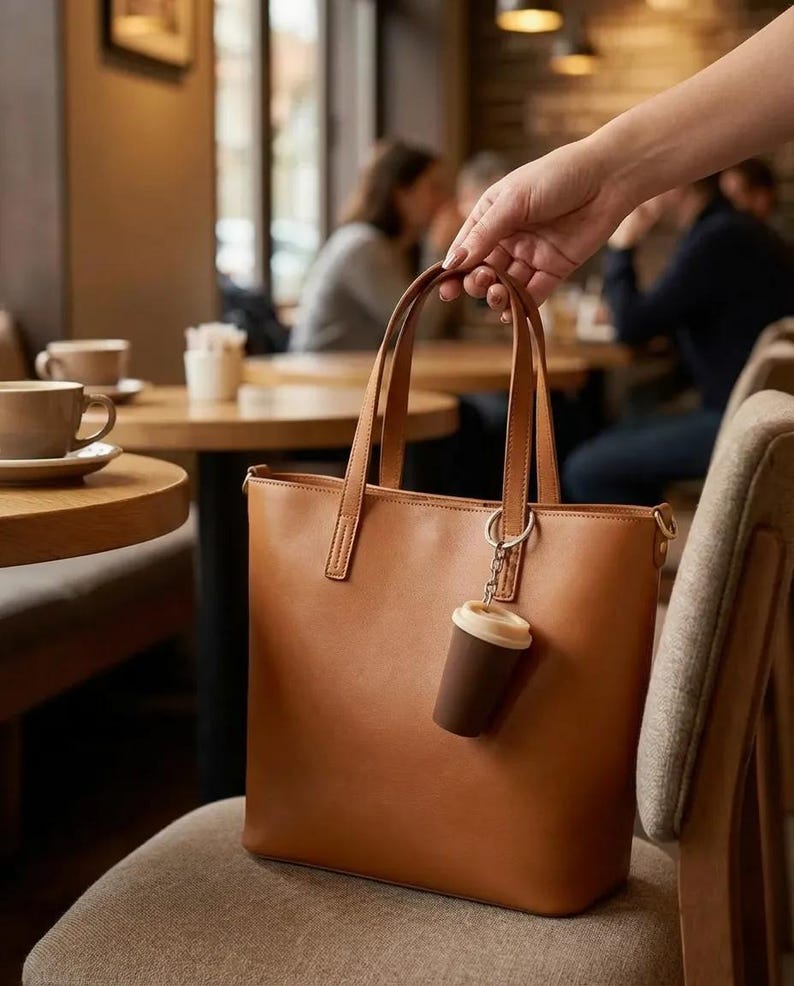 May include: A tan tote bag with two vertical handles and a small, brown and cream-colored coffee cup keychain attached to one of the handles by a silver metal ring. The bag has a smooth, solid-colored exterior and a rectangular shape.