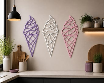 Geometric Ice Cream Wall Decor Set | 3D Printed Line Art Kitchen Art (Custom Colors)
