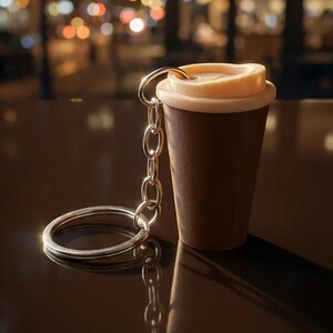 May include: A miniature coffee cup keychain featuring a dark brown cylindrical body and a light beige lid. The cup is attached to a silver-toned metal chain and a circular split ring, designed to hold keys securely while mimicking a beverage container.