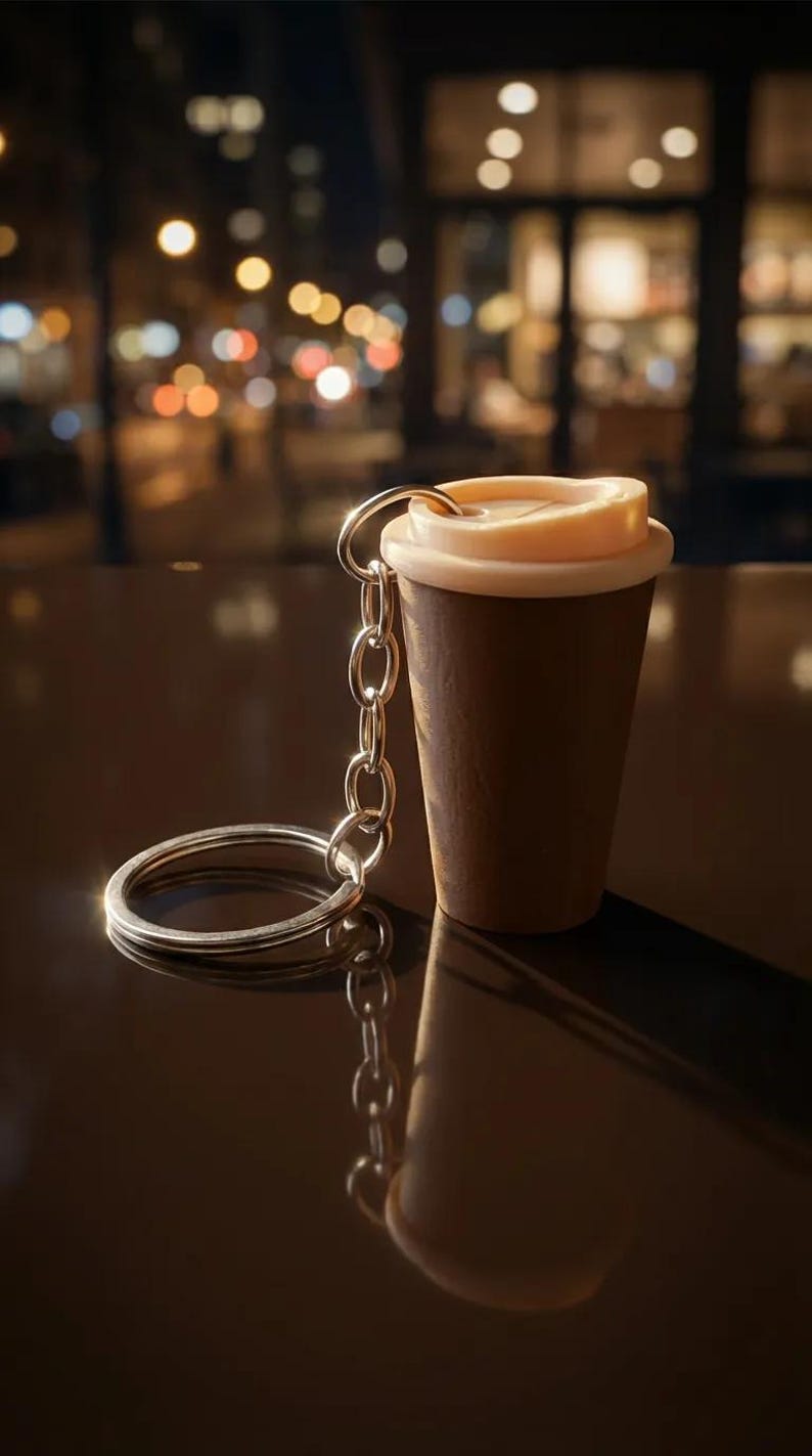 May include: A miniature coffee cup keychain featuring a dark brown cylindrical body and a light beige lid. The cup is attached to a silver-toned metal chain and a circular split ring, designed to hold keys securely while mimicking a beverage container.