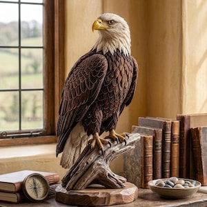 May include: A detailed sculpture of a bald eagle perched on a wooden branch. The eagle has brown and white feathers, a yellow beak, and yellow talons. The sculpture is on a wooden base, with a window and books in the background.