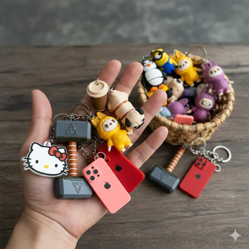 May include: A collection of colorful character keychains including a Hello Kitty face, a grey hammer, a coffee cup, a pug, and a red smartphone. Additional keychains featuring various cartoon figures are visible in a small woven basket.