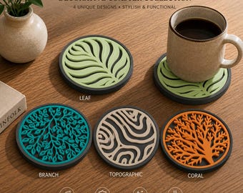 Coaster Set with Holder, Leaf Branch Coral Topographic Designs