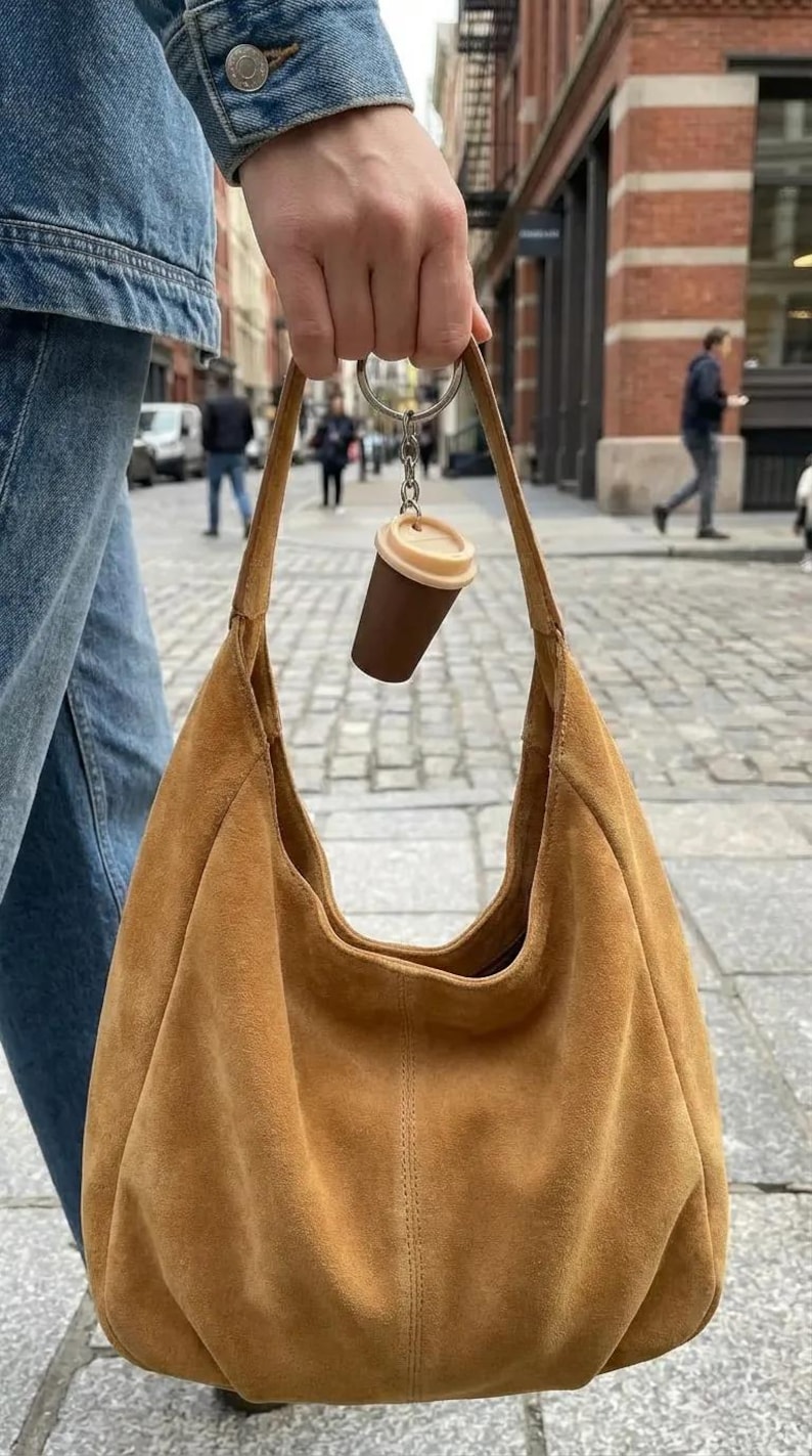 May include: A tan suede hobo bag with a silver metal keyring attached to the handle. The keyring features a miniature brown and beige coffee cup charm with a lid. The bag has a soft, slouchy structure and a single wide shoulder strap.