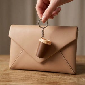 May include: A beige envelope-style clutch bag paired with a coffee cup keychain. The keychain features a dark brown cup with a light beige lid, attached to a silver-toned metal ring and chain, hanging in front of the smooth, solid-colored clutch.