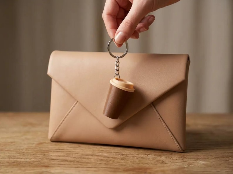 May include: A beige envelope-style clutch bag paired with a coffee cup keychain. The keychain features a dark brown cup with a light beige lid, attached to a silver-toned metal ring and chain, hanging in front of the smooth, solid-colored clutch.