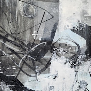 original abstract black and white 11x14 painting unframed, unique contemporary light blue painting
