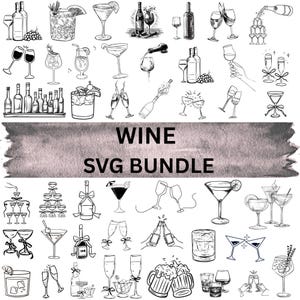 Może przedstawiać: Czarno-białe ilustracje kieliszków do wina, butelek i koktajli. Tekst "WINE SVG BUNDLE" jest wyświetlany na banerze w stylu akwareli. Obraz zawiera różne grafiki związane z napojami.