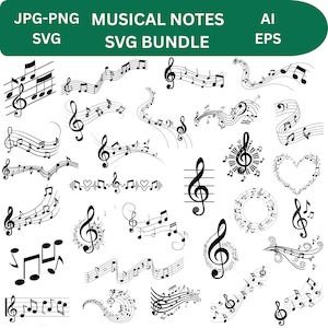 May include: A collection of black and white musical notes and symbols, including treble clefs, quarter notes, and eighth notes. The image includes the text "MUSICAL NOTES SVG BUNDLE" at the top, with file type indicators like JPG, PNG, AI, and EPS.