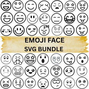 Op de afbeelding: Een verzameling zwart-witte emoji-gezichten met verschillende uitdrukkingen, waaronder glimlachen, verdrietig en verrast. De tekst "EMOJI FACE SVG BUNDLE" wordt weergegeven op een goudkleurige achtergrond.