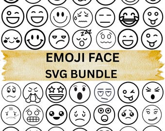 May include: A collection of black and white emoji faces with various expressions, including smiling, sad, and surprised. The text "EMOJI FACE SVG BUNDLE" is displayed on a gold-colored background.