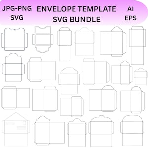 Op de afbeelding: Een verzameling envelopsjablonen in diverse ontwerpen, weergegeven in een raster. De afbeelding bevat de tekst "JPG-PNG SVG ENVELOPE TEMPLATE AI EPS SVG BUNDLE". De enveloppen zijn zwart omlijnd op een witte achtergrond.