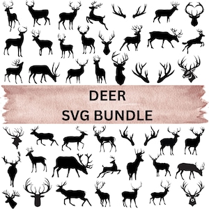 Puede incluir: Una colección de siluetas negras de ciervos en varias poses, incluyendo de pie, corriendo y con cornamentas. El texto "DEER SVG BUNDLE" se muestra en una pancarta rosa-marrón.