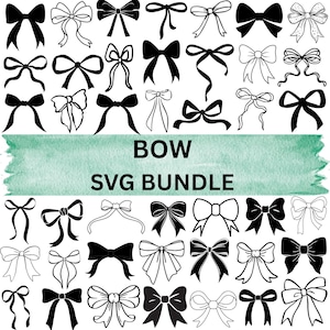 Może przedstawiać: Kolekcja wzorów kokardek w kolorze czarnym i białym. Obraz zawiera różne style kokardek, od prostych po ozdobne, z tekstem "BOW SVG BUNDLE" pogrubioną czcionką.