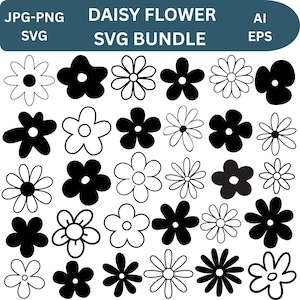 Puede incluir: Una colección de diseños SVG de flores de margarita en blanco y negro. La imagen incluye varios estilos de flores de margarita, con pétalos sólidos y delineados. El texto en la parte superior dice "DAISY FLOWER SVG BUNDLE" con indicadores de tipo de archivo.