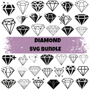 Könnte beinhalten: Eine Sammlung von Diamant-Designs in verschiedenen Stilen, darunter Vollschwarz und Umrisse. Der Text "DIAMOND SVG BUNDLE" befindet sich auf einem lila Hintergrund, was auf ein digitales Grafikset hindeutet.