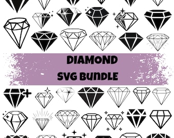 May include: A collection of diamond-shaped designs in various styles, including solid black and outlined versions. The text "DIAMOND SVG BUNDLE" is displayed on a purple background, indicating a digital graphic set.