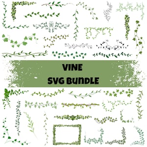 以下が含まれることがあります： さまざまなスタイルの緑色のつるのイラストのコレクション。コーナーデザイン、ボーダー、吊り下げられたつるが含まれています。「VINE SVG BUNDLE」というテキストが緑色の背景に表示され、さまざまな植物のデザイン要素を提供しています。