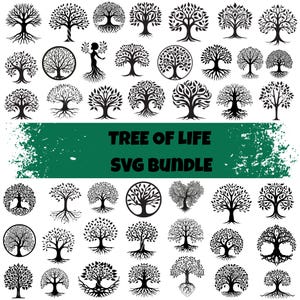 Puede incluir: Una colección de diseños de árbol de la vida en blanco y negro. La imagen presenta varias ilustraciones de árboles estilizados, incluidas variaciones circulares y detalladas. El texto sobre un fondo verde dice "TREE OF LIFE SVG BUNDLE."